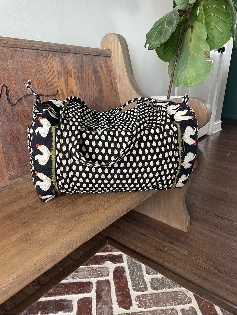Vera Bradley Black and Cream Quilted Duffel with Chicken Rooster Trim